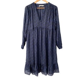 Rabens Saloner Sheer Royal Blue Metallic Ruffled Relaxed Knee Lenght Dress XS